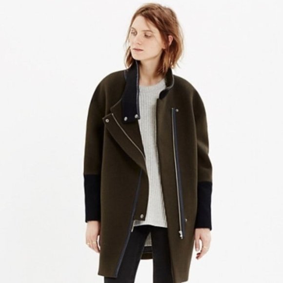 Madewell City Grid Cocoon Warm Coat Green Wool Full Zip Leather Trim Jacket Sz 4